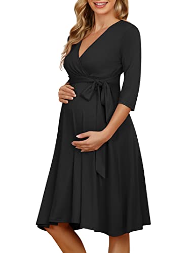 KOJOOIN Damen Umstandskleid Schwangerschafts Kleid für Schwangere Stillkleid V-Ausschnitt Langarm mit Taillengürtel Schwarz XL