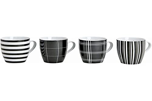 Modernes Porzellan Kaffeetassen 4er Set I 10cm hoch - Ø 8cm - 300ml I Große Kaffee Tasse in schwarz / weiß gestreift & kariert