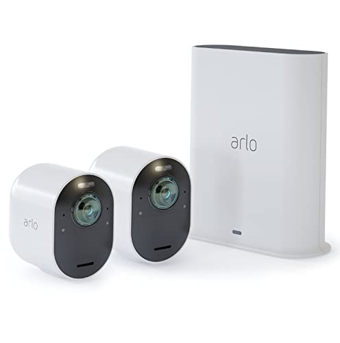 Arlo Ultra WLAN Überwachungskamera 4K Alarmanlage, Aussen, kabellos, Bewegungsmelder, Smart Home, Nachtsicht, 180 Grad, 2-Wege Audio, mit Testzeitraum für Arlo Secure Plan, Weiß VMS5240
