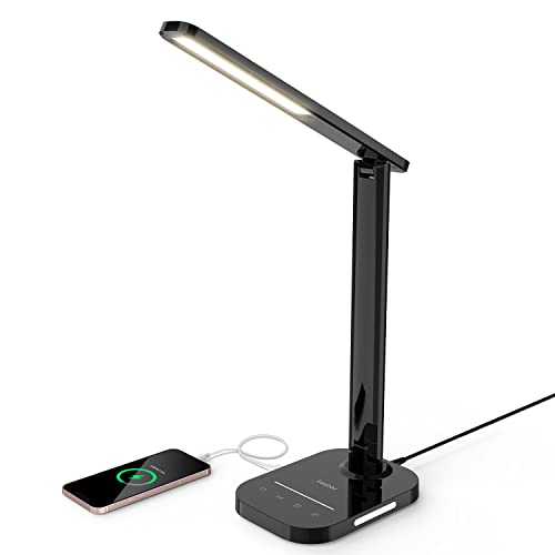 Schreibtischlampe, LASTAR Dimmbare 12W LED-Schreibtischlampen mit USB-Ladeanschluss, 5 Farbmodi, 7 Helligkeitsstufen, 1-Stunden-Timer, Nachtlicht, Memory-Funktion, Tischlampe (Netzteil im Lieferumfang