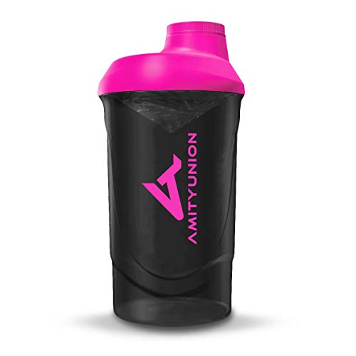 Frauen Protein Shaker 800 ml Schwarz Pink Deluxe - ORIGINAL AMITYUNION - Eiweiß Shaker auslaufsicher - BPA frei mit Sieb, Skala für Cremige Whey Shakes, Gym Fitness Becher für Isolate, Sport Getränke