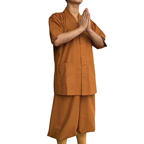 G-like Buddisten Mönche Laien Kostüm - Chinesische Traditionelle Buddhistische Taoistische Kleidung Kampfkunst Shaolin Kung Fu Wushu Kurzärmelige Robe Stehkragen Uniform Sommer Anzug (Gelb, M)