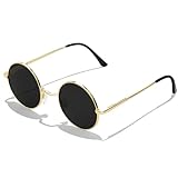 KANASTAL Runde Sonnenbrille Herren und Damen Schwarze Rave Brille Gold Rahmen Sonnenbrille Classic Retro 90er Style Polarisiert Steampunk Sonnenbrillen mit UV Schutz