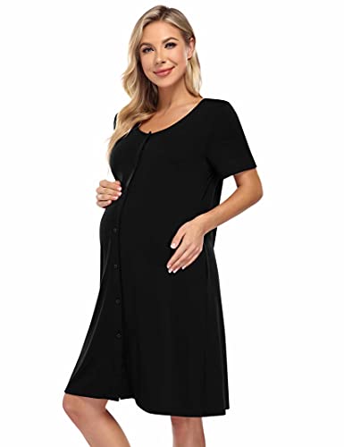 KOJOOIN Nachthemd Damen Geburt Stillnachthemd Kurzarm Schlafanzug Schwangerschaft Pyjama Nachtwäsche mit Durchgehender Knopfleiste Schwarz XL