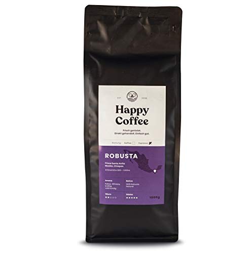 HAPPY COFFEE Bio Espressobohnen 1KG [ROBUSTA] nussig I Frische fair-trade Kaffeebohnen direkt aus Mexiko I Arabica Kaffee ganze Bohnen I Ideal für Vollautomat und Siebträger