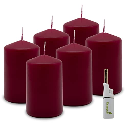DecoLite: 6 x Stumpenkerzen 110/68 mm. Brenndauer ca. 35 Stunden Pillar Candle inkl. Kerzenprofi Stabfeuerzeug - Deutscher Markenhersteller - RAL Zertifiziert (weinrot)