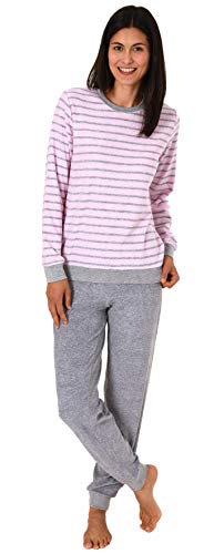 RELAX by Normann Damen Frottee Pyjama Langarm mit Bündchen in edler Streifenoptik - 291 201 13 780, Farbe:rosa, Größe:40/42