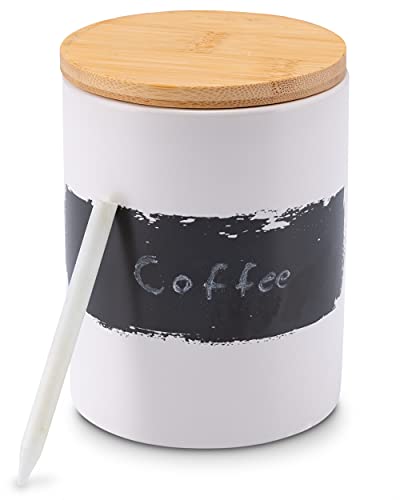 Lambda Coffee® Kaffeedose weiß aus Keramik 1000ml luftdicht | mit Kreide & Beschriftungstafel | Vorratsdose mit Holzdeckel zur Aufbewahrung von Kaffee, Mehl, Zucker, Tee, Nudeln etc.