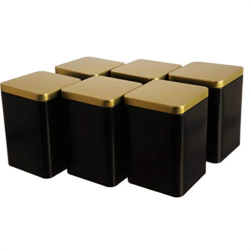 Dosenritter | 6 x edle eckige Teedose/Vorratsdose, Schwarz Gold, aromadicht aus Metall für je 240g Tee | 13 x 9 x 9 cm (H,B,T) | auch ideal als Gewürzdose