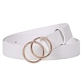 JasGood Damen Ledergürtel Mode Doppel O-Ring Schnalle Gürtel für Jeans Hosen Kleider, Weiß, XS 100cm(Für Hosengröße 75cm-88cm)