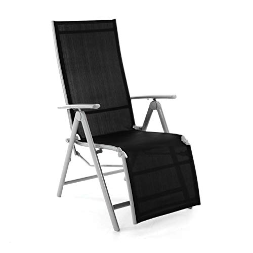 Nexos ZGC34464 Stuhl Liegestuhl Klappstuhl mit Fußstütze für Garten Terrasse, aus Aluminium Textilene, schwarz silber