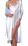 GIONA Damen Satin Sexy Morgenmantel mit Nachthemd Zweiteiliger Nachtwäsche Bademantel Kurz Negligee Set Seiden (Weiß, L)