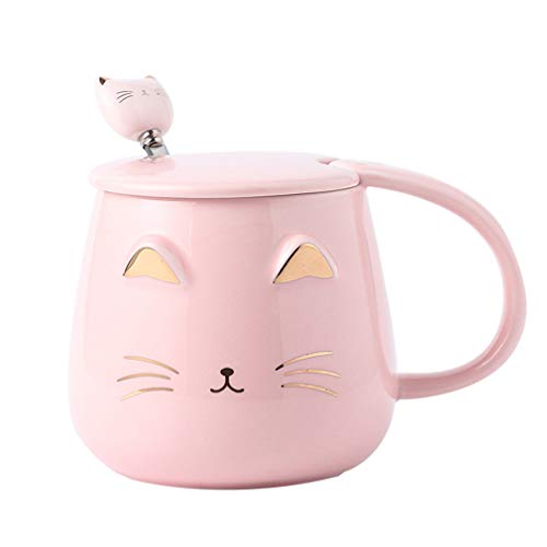 Angelice Home Pinke Katzen-Tasse, süße Kitty, Keramik-Kaffeetasse mit Edelstahl-Löffel, für Katzenliebhaber, Frauen und Mädchen