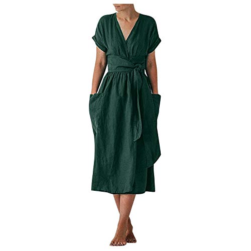 Damen Baumwoll Leinen Langes Kleid Lässig Einfarbig Kreuz V-Ausschnitt Kurzarm Kleid mit Taschen und Gürtel(M,Grün)