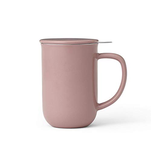 VIVA scandinavia Porzellan Tee Tasse mit Teesieb für lossen Tee, becher mit deckel, Kaffee-Becher mit Henkel, tee sieb edelstahl, 0,55 Liter, Stone Rose
