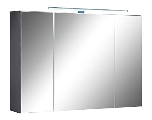 Badezimmerschrank Spiegelschrank Badschrank Hängeschrank | Dekor | Grau | 3 Türen | LED-Beleuchtung | Steckdose | Lichtschalter | BxHxT: 99x70x21 cm