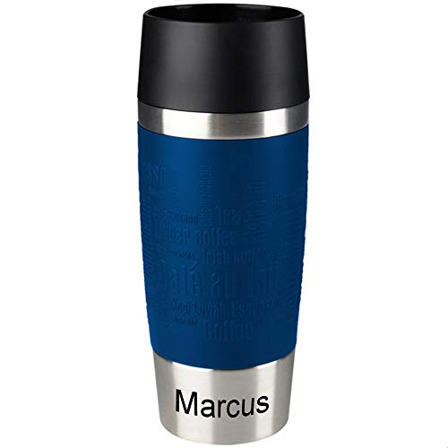 Emsa Isolierbecher MIT Gravur (z.B. Namen) 360ml TRAVEL Mug Blau mit persönlicher Rundgravur, Travelmug Kaffee & Tee Thermo to-go-Becher mit Quick Press Verschluss 100% auslaufsicher