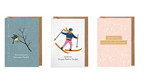 dabelino Set 3 Weihnachtskarten mit Umschlag für Erwachsene: Vogel/Skifahrer/Schnee (Karten Weihnachten, originell, Klappkarten, nachhaltig, Natur-Papier ohne Plastik-Beschichtung, hochwertig)