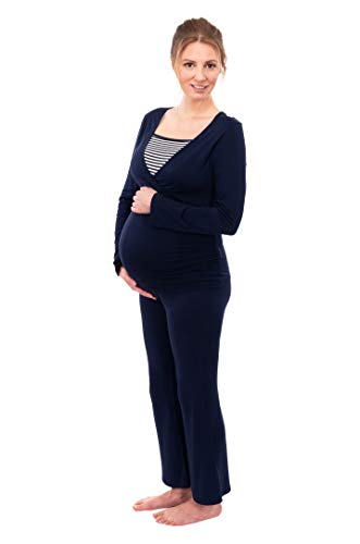 Herzmutter Stillpyjama-Umstandspyjama - Gestreifter Schlafanzug für Damen - Nachtwäsche für Schwangerschaft-Stillzeit - weiches Pyjama-Set mit Stillfunktion - Lang-Langarm - 2100 (L, Blau/Weiß)