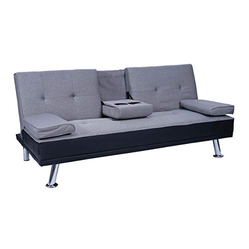 Mendler 3er-Sofa HWC-F60, Couch Schlafsofa Gästebett, Tassenhalter verstellbar 97x166cm - Kunstleder/Textil, schwarz/hellgrau