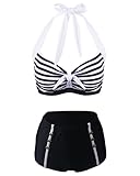 VILOREE Retro Damen Badeanzug Bademode Hohe Taillen 2 Pieces Bikini Set Sailor Look Schwarz & Weiss Streifen L