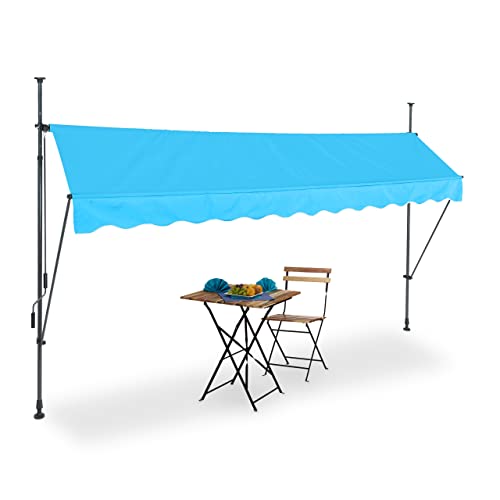 Relaxdays Klemmmarkise, 350 cm breit, höhenverstellbar, Sonnenschutz Balkon, ohne Bohren, UV-beständig, hellblau/grau