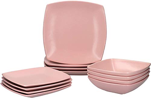 Creative Tops Rabe Pink 12-teiliges Geschirr Set, modernes Tafelservice, quadratisches Teller Set und Schüsseln, Pink Keramik, Service für 4