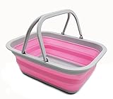 SAMMART 9,2 l faltbare Wanne mit Griff – tragbarer Picknickkorb für den Außenbereich – faltbare Einkaufstasche – platzsparender Aufbewahrungsbehälter (Grau/Pink)