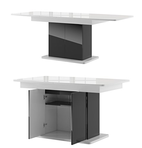 Furniture24 Tisch Star 03 Esstisch Säulentisch ausziehbar 140-210 cm mit 2 Schrank 2 Tür (Schwarz Hochglanz/Weiß Hochglanz)
