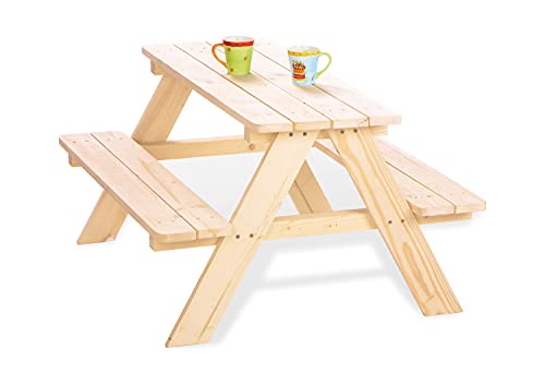 Pinolino Kindersitzgarnitur Nicki für 4, aus massivem Holz, 2 Bänke mit 1 Tisch, empfohlen für Kinder ab 2 Jahren, Natur