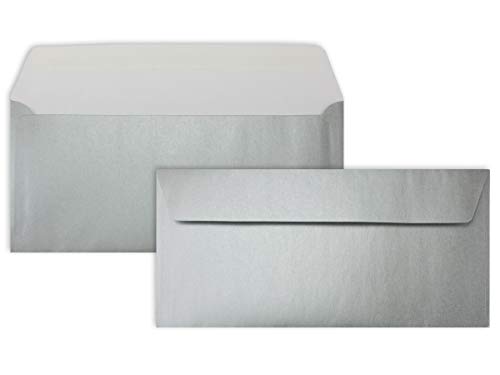 100 Silber-Metallic Brief-Umschläge DIN Lang - 11 x 22 cm - Haftklebung - glänzende Kuverts für große Einladungen und Karten, Hochzeit & Weihnachten