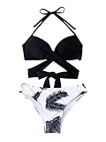 SheIn Damen Bademode Neckholder Push Up Bikini Set Zweiteilige Badeanzug Badetop Bikinihose mit Blatt Muster Schwarz Und Weiss L