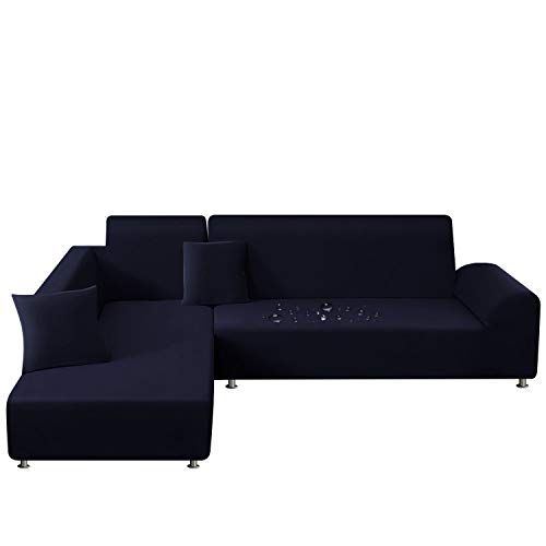 TAOCOCO Sofa Überwürfe Sofabezug Elastische Stretch Wasserdicht Sofa Abdeckung für L-Form 2er Set mit 2 Stücke Kissenbezug (3 Sitzer+3 Sitzer, Dunkelblau)