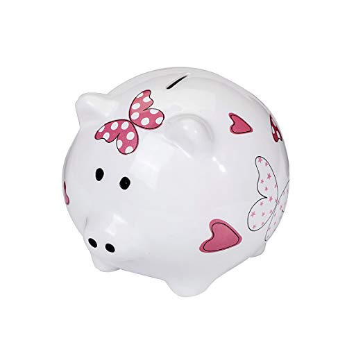 SPOTTED DOG GIFT COMPANY - Großes Sparschwein aus Keramik - Geschenk mit Box für Erwachsene und Kinder - Weiß mit rosa Herzen und Schmetterlingen - XL