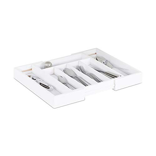 Relaxdays Besteckkasten Schublade, ausziehbar, variable Breite, 5 - 7 Fächer, Bambus Organizer, HBT 5,5x48,5x37cm, weiß