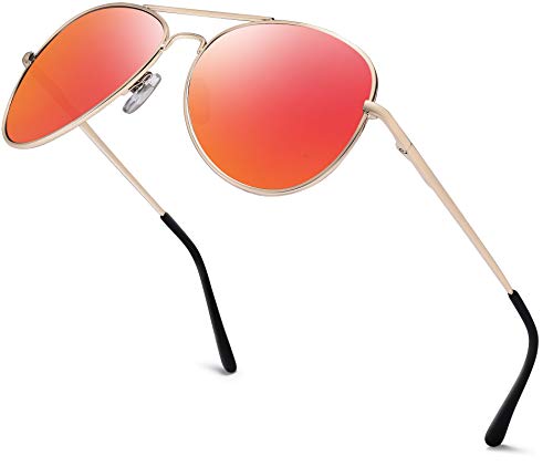 Herren Pilotenbrille Verspiegelt | Damen Sonnenbrille | Unisex Brille mit Federschrnier | UV400 Schutz Filter Kat. 3 CE (82 | Rahmen Gold - Glas Orange verspiegelt)
