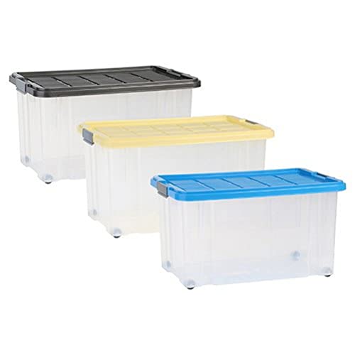 axentia Aufbewahrungsbox mit Rollen & Deckel, Stapelbox aus Kunststoff 55 Liter, Eurobox transparent, Maße: ca. 60 x 40 x 34 cm, Anthrazit, blau oder gelb - Farbe nicht wählbar