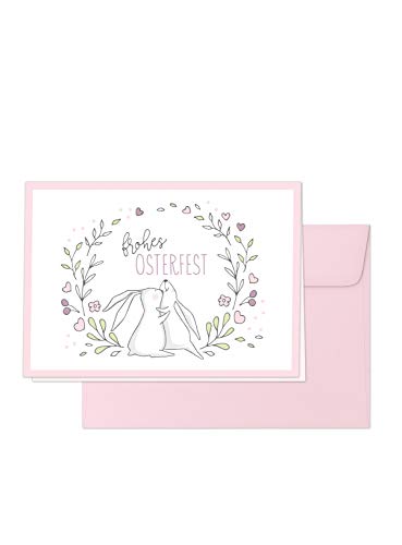 Grußkartenset „Frohes Osterfest“ – 10 Klappkarten im Pastell-Design mit rosafarbenen Umschlägen, Design: Hasenfreunde