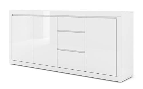 Kommode Bello Bianco IV 195 cm Sideboard Highboard Schrank Weiss mat/Weiss Hochglanz DREI Regal, DREI Schubladen Italienische