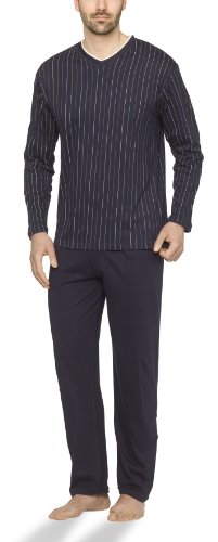 Moonline - Herren Schlafanzug lang aus 100% Baumwolle mit V-Ausschnitt und Streifen-Design, Farbe:Streifen-Druck auf Navy, Größe:58/60