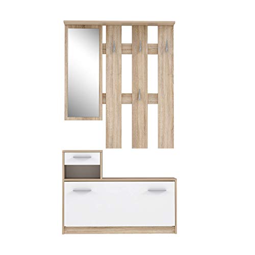 FORTE Foxi Kompaktgarderobe inklusive Spiegel, Holzwerkstoff, Sonoma Eiche Dekor, 97.5 x 25 x 180 cm