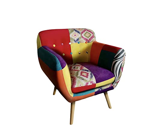 VOLERO ' Shopping Online, Patchwork Design Sessel, Cassandra Modell, mehrfarbige Stoff- und Samtpolsterung, Holzkonstruktion.