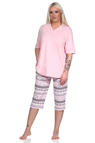 NORMANN-Wäschefabrik Damen Kurzarm Schlafanzug mit Caprihose im Ethnolook - auch in Übergrössen - 122 204 226, Farbe:rosa, Größe:44-46