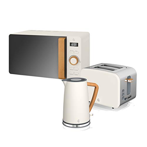 Swan Nordic Set Desayuno Wasserkocher 1,7 l 2200 W, Brot-Toaster mit Breitschlitz, 2 Scheiben, Mikrowelle 20 l, digital, modernes Design, Holzeffekt, weiß
