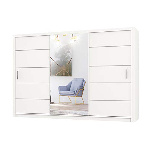 Selsey DOVELO – Schwebetürenschrank/Kleiderschrank 3-türig mit Spiegel, 250 cm (Weiß mit LED)
