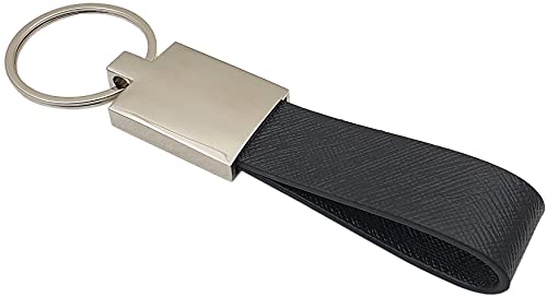 Schlüsselanhänger mit schwarzer Kunstlederschlaufe und Schlüsselring aus Metall in Silber