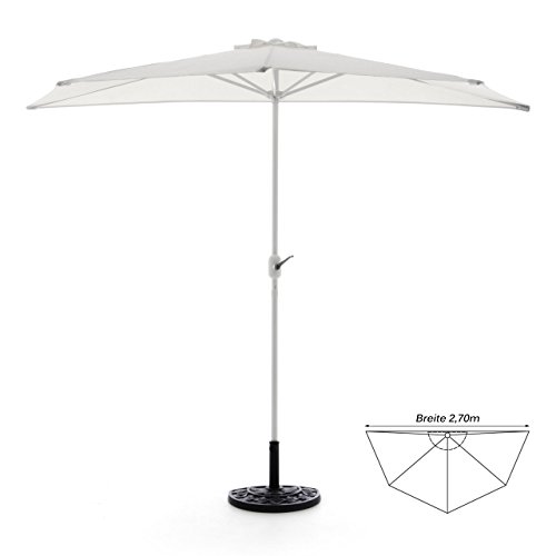 Nexos Komplett-Set Sonnenschirm Weiß Halb-Schirm Balkonschirm Wandschirm halbrund 2,70m mit passendem Schirmständer und Schirmschutzhülle