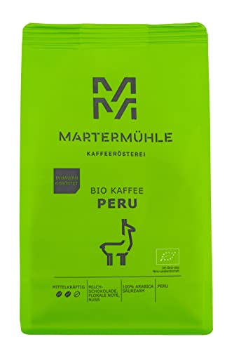 Martermühle Peru Bio Kaffeebohnen 1kg mittelkräftig I Arabica I Aromen: Milchschokolade, Florale Note, Nuss I Ganze Bio Kaffee-Bohnen schonend geröstet, säurearm