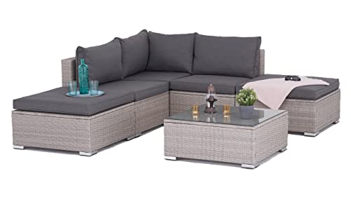 Gartenmöbel Rattan Polyrattan Lounge Sitzgruppe Garnitur aus Sessel Sofa Hocker Tisch mit Glas/Modell: Sylt