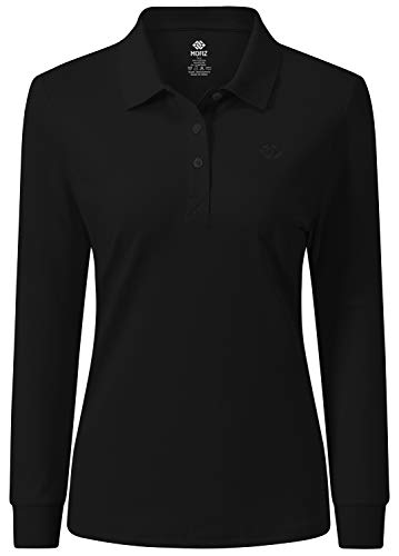 AjezMax Damen Golf Poloshirt Langarmshirt Baumwolle Polohemd Leicht Sport Top mit Polokragen Large Schwarz